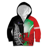 New Zealand and Wales Rugby Custom Kid Hoodie Aotearoa All Black Combine Welsh Dragon - Polynesian Pride