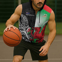 New Zealand and Wales Rugby Custom Sleeveless Zip Hoodie Aotearoa All Black Combine Welsh Dragon - Polynesian Pride