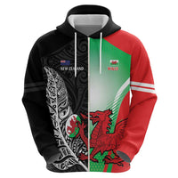 New Zealand and Wales Rugby Custom Zip Hoodie Aotearoa All Black Combine Welsh Dragon - Polynesian Pride