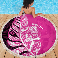 New Zealand Silver Fern Rugby Custom Beach Blanket All Black Maori Pattern Pink - Polynesian Pride