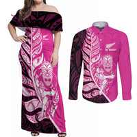 New Zealand Silver Fern Rugby Custom Couples Matching Off Shoulder Maxi Dress and Long Sleeve Button Shirt All Black Maori Pattern Pink - Polynesian Pride