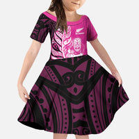 New Zealand Silver Fern Rugby Custom Family Matching Off Shoulder Maxi Dress and Hawaiian Shirt All Black Maori Pattern Pink - Polynesian Pride
