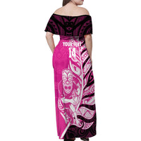 New Zealand Silver Fern Rugby Custom Family Matching Off Shoulder Maxi Dress and Hawaiian Shirt All Black Maori Pattern Pink - Polynesian Pride