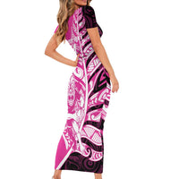 New Zealand Silver Fern Rugby Custom Family Matching Short Sleeve Bodycon Dress and Hawaiian Shirt All Black Maori Pattern Pink - Polynesian Pride