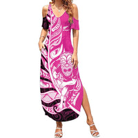New Zealand Silver Fern Rugby Custom Summer Maxi Dress All Black Maori Pattern Pink - Polynesian Pride