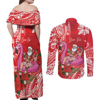 Personalized Hawaii Christmas Couples Matching Off Shoulder Maxi Dress and Long Sleeve Button Shirt Mele Kalikimaka Chilling Shaka Santa Flamingo - Polynesian Pride