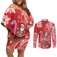 Personalized Hawaii Christmas Couples Matching Off Shoulder Short Dress and Long Sleeve Button Shirt Mele Kalikimaka Chilling Shaka Santa Flamingo - Polynesian Pride