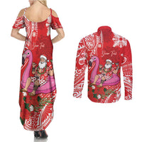 Personalized Hawaii Christmas Couples Matching Summer Maxi Dress and Long Sleeve Button Shirt Mele Kalikimaka Chilling Shaka Santa Flamingo - Polynesian Pride