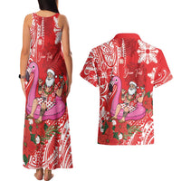 Personalized Hawaii Christmas Couples Matching Tank Maxi Dress and Hawaiian Shirt Mele Kalikimaka Chilling Shaka Santa Flamingo - Polynesian Pride