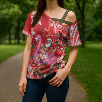 Personalized Hawaii Christmas Cross Shoulder Shirt Mele Kalikimaka Chilling Shaka Santa Flamingo - Polynesian Pride