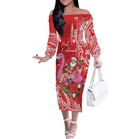 Personalized Hawaii Christmas Family Matching Off The Shoulder Long Sleeve Dress and Hawaiian Shirt Mele Kalikimaka Chilling Shaka Santa Flamingo - Polynesian Pride