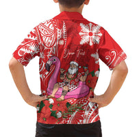 Personalized Hawaii Christmas Family Matching Off Shoulder Short Dress and Hawaiian Shirt Mele Kalikimaka Chilling Shaka Santa Flamingo - Polynesian Pride