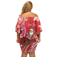 Personalized Hawaii Christmas Family Matching Off Shoulder Short Dress and Hawaiian Shirt Mele Kalikimaka Chilling Shaka Santa Flamingo - Polynesian Pride