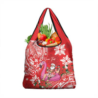 Personalized Hawaii Christmas Grocery Bag Mele Kalikimaka Chilling Shaka Santa Flamingo - Polynesian Pride