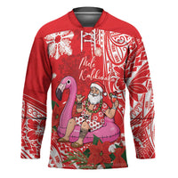 Personalized Hawaii Christmas Hockey Jersey Mele Kalikimaka Chilling Shaka Santa Flamingo LT14 Unisex Red - Polynesian Pride