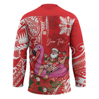 Personalized Hawaii Christmas Hockey Jersey Mele Kalikimaka Chilling Shaka Santa Flamingo - Polynesian Pride