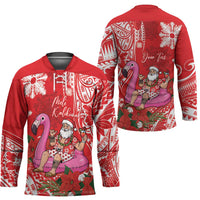 Personalized Hawaii Christmas Hockey Jersey Mele Kalikimaka Chilling Shaka Santa Flamingo - Polynesian Pride
