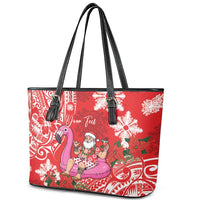 Personalized Hawaii Christmas Leather Tote Bag Mele Kalikimaka Chilling Shaka Santa Flamingo - Polynesian Pride