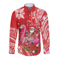 Personalized Hawaii Christmas Long Sleeve Button Shirt Mele Kalikimaka Chilling Shaka Santa Flamingo LT14 Unisex Red - Polynesian Pride