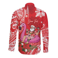Personalized Hawaii Christmas Long Sleeve Button Shirt Mele Kalikimaka Chilling Shaka Santa Flamingo LT14 - Polynesian Pride
