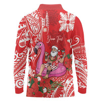 Personalized Hawaii Christmas Long Sleeve Polo Shirt Mele Kalikimaka Chilling Shaka Santa Flamingo - Polynesian Pride