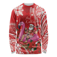 Personalized Hawaii Christmas Long Sleeve Shirt Mele Kalikimaka Chilling Shaka Santa Flamingo LT14 Unisex Red - Polynesian Pride