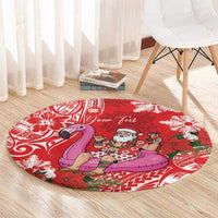 Personalized Hawaii Christmas Round Carpet Mele Kalikimaka Chilling Shaka Santa Flamingo - Polynesian Pride