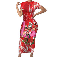 Personalized Hawaii Christmas Short Sleeve Bodycon Dress Mele Kalikimaka Chilling Shaka Santa Flamingo - Polynesian Pride