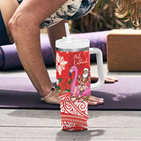 Personalized Hawaii Christmas Tumbler With Handle Mele Kalikimaka Chilling Shaka Santa Flamingo - Polynesian Pride