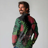 Meri Kirihimete New Zealand Long Sleeve Polo Shirt Piwakawaka Koru Fern Mix Pohutukawa - Polynesian Pride