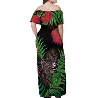 Meri Kirihimete New Zealand Off Shoulder Maxi Dress Piwakawaka Koru Fern Mix Pohutukawa - Polynesian Pride