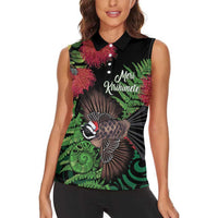 Meri Kirihimete New Zealand Women Sleeveless Polo Shirt Piwakawaka Koru Fern Mix Pohutukawa - Polynesian Pride