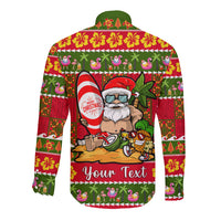 Personalised Hawaii Surfing Santa Christmas Long Sleeve Button Shirt Tropical Pineapple Mele Kalikimaka Quilt Pattern LT14 - Polynesian Pride