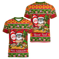 Personalised Hawaii Surfing Santa Christmas Women V Neck T Shirt Tropical Pineapple Mele Kalikimaka Quilt Pattern LT14 - Polynesian Pride