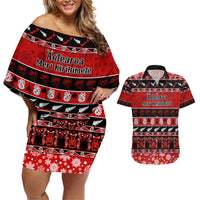 Personalised New Zealand Christmas Couples Matching Off Shoulder Short Dress and Hawaiian Shirt Aotearoa Kiwi Meri Kirihimete Red Version LT14 Red - Polynesian Pride