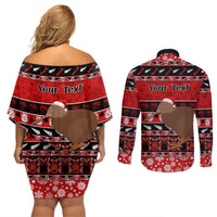 Personalised New Zealand Christmas Couples Matching Off Shoulder Short Dress and Long Sleeve Button Shirt Aotearoa Kiwi Meri Kirihimete Red Version LT14 - Polynesian Pride