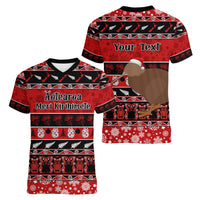 Personalised New Zealand Christmas Women V Neck T Shirt Aotearoa Kiwi Meri Kirihimete Red Version LT14 - Polynesian Pride