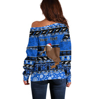 Personalised New Zealand Christmas Off Shoulder Sweater Aotearoa Kiwi Meri Kirihimete Blue Version LT14 - Polynesian Pride