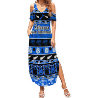 Personalised New Zealand Christmas Summer Maxi Dress Aotearoa Kiwi Meri Kirihimete Blue Version LT14 Women Blue - Polynesian Pride