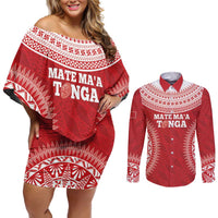 Custom Tonga Mate Maa Couples Matching Off Shoulder Short Dress and Long Sleeve Button Shirt Go Champions Tongan Ngatu - Red LT14 Red - Polynesian Pride