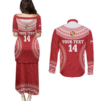 Custom Tonga Mate Maa Couples Matching Puletasi and Long Sleeve Button Shirt Go Champions Tongan Ngatu - Red LT14 - Polynesian Pride