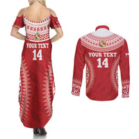 Custom Tonga Mate Maa Couples Matching Summer Maxi Dress and Long Sleeve Button Shirt Go Champions Tongan Ngatu - Red LT14 - Polynesian Pride
