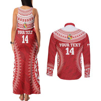 Custom Tonga Mate Maa Couples Matching Tank Maxi Dress and Long Sleeve Button Shirt Go Champions Tongan Ngatu - Red LT14 - Polynesian Pride