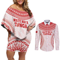 Custom Tonga Mate Maa Couples Matching Off Shoulder Short Dress and Long Sleeve Button Shirt Go Champions Tongan Ngatu - White LT14 White - Polynesian Pride