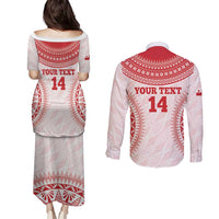 Custom Tonga Mate Maa Couples Matching Puletasi and Long Sleeve Button Shirt Go Champions Tongan Ngatu - White LT14 - Polynesian Pride