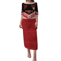 Custom Mate Maa Tonga XIII Puletasi Tongan Kupesi Ngatu - Rugby Style LT14 Long Dress Red - Polynesian Pride
