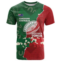 Custom Tonga And Australia Rugby T Shirt Mate Maa Tongan Ngatu Mix Kangaroos Aboriginal LT14 Green - Polynesian Pride