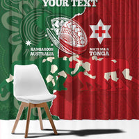 Custom Tonga And Australia Rugby Window Curtain Mate Maa Tongan Ngatu Mix Kangaroos Aboriginal LT14 - Polynesian Pride