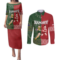 Custom Mate Maa Tonga And Kangaroo Australia Couples Matching Puletasi and Long Sleeve Button Shirt Tongan Kupesi Mix Aboriginal Art LT14 Green - Polynesian Pride