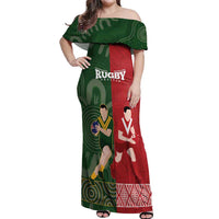 Custom Mate Maa Tonga And Kangaroo Australia Off Shoulder Maxi Dress Tongan Kupesi Mix Aboriginal Art LT14 Women Green - Polynesian Pride